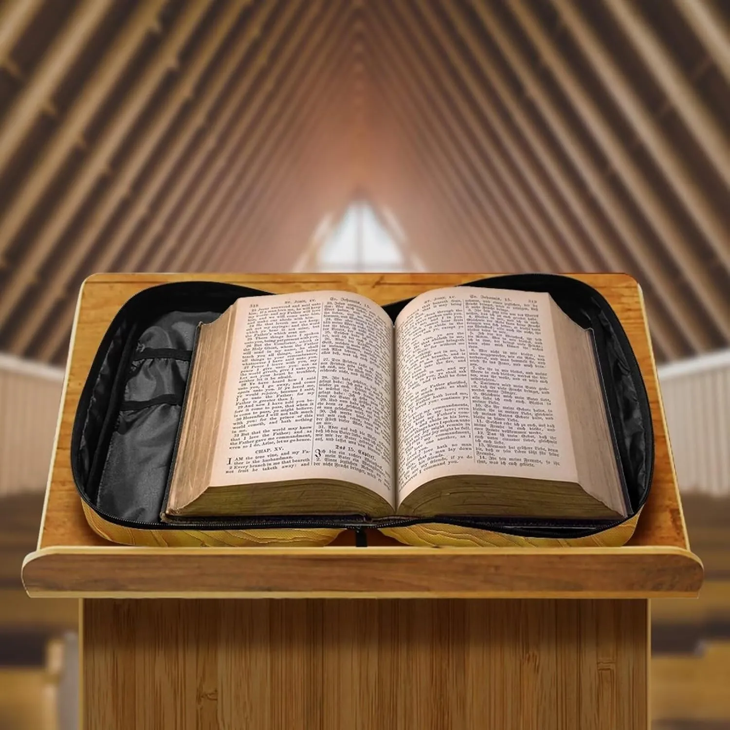 Artistic Wood Grain Large Bible Cover w/Shoulder Strap, Carrying Book Case Church Bag Bible Protective w/Pen Slots and Zippered Pocket, Gift for Women Men