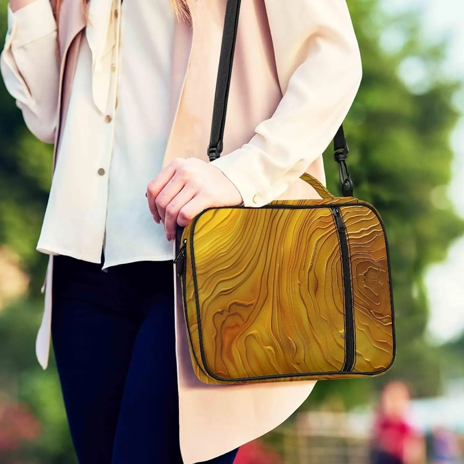 Artistic Wood Grain Large Bible Cover w/Shoulder Strap, Carrying Book Case Church Bag Bible Protective w/Pen Slots and Zippered Pocket, Gift for Women Men