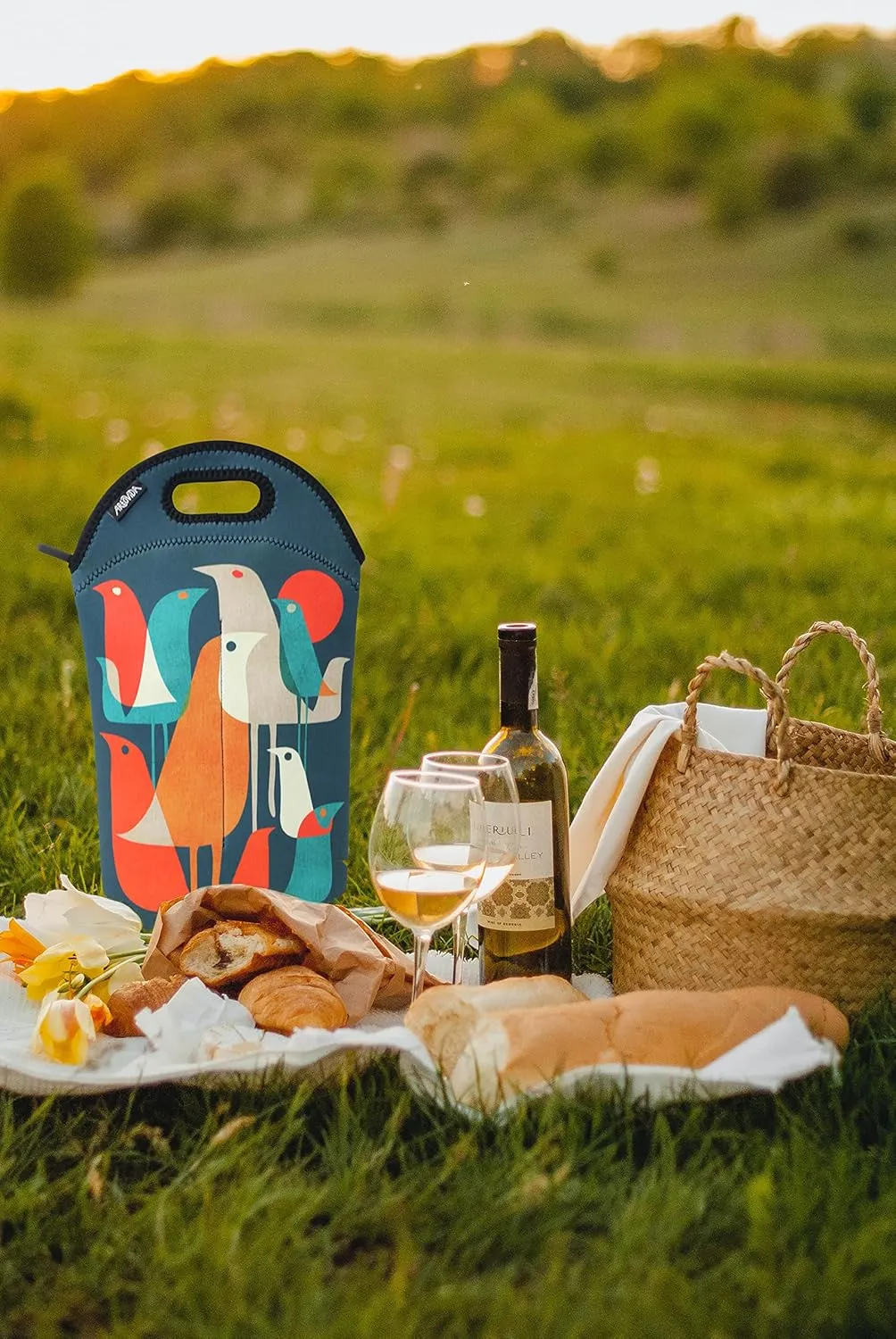 Artists Collective Neoprene Beverage Bag | Carry and Chill Champagne, Wine and Beer Bottles - Designed by Budi Kwan (Indonesia) "Flock of Birds" - Wine