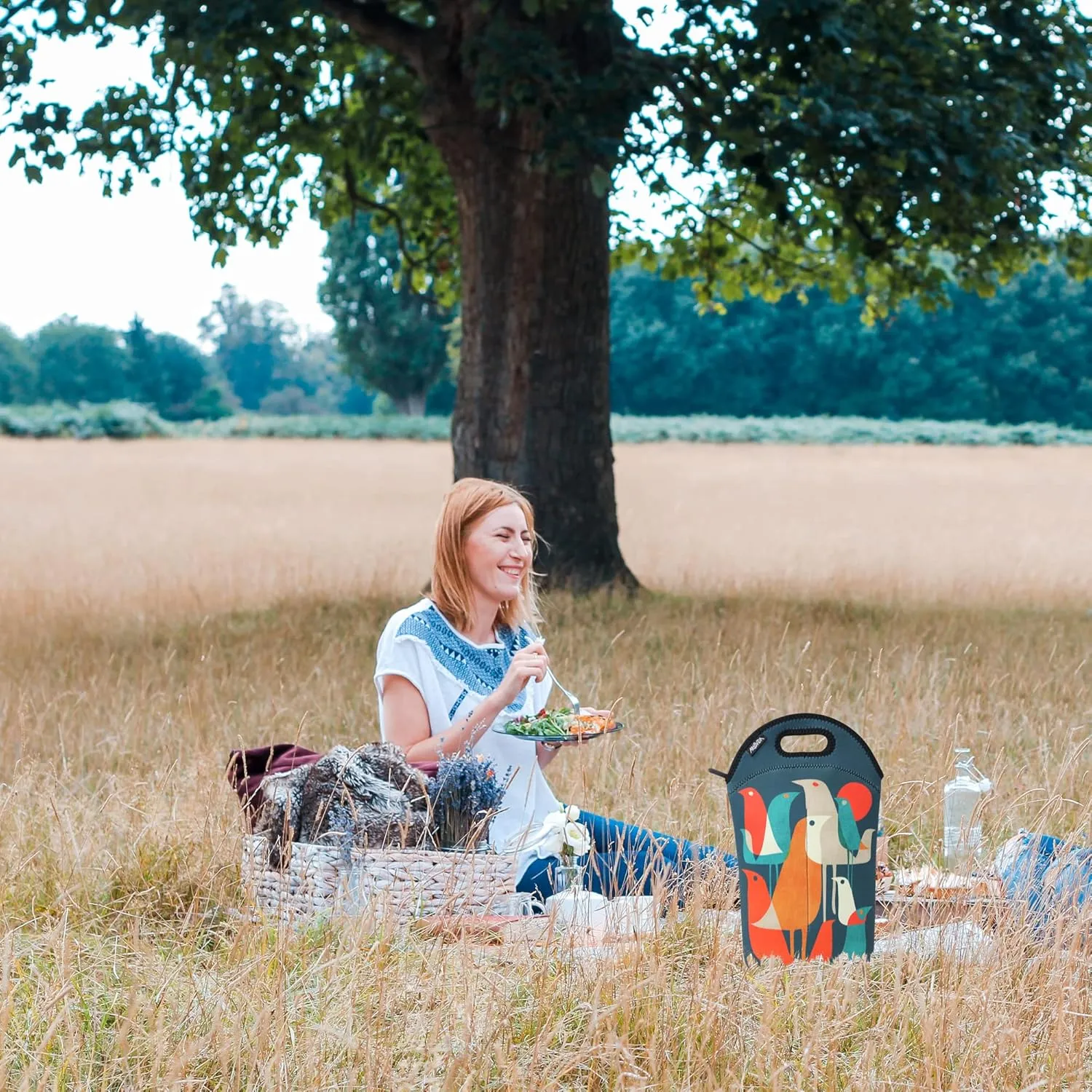 Artists Collective Neoprene Beverage Bag | Carry and Chill Champagne, Wine and Beer Bottles - Designed by Budi Kwan (Indonesia) "Flock of Birds" - Wine
