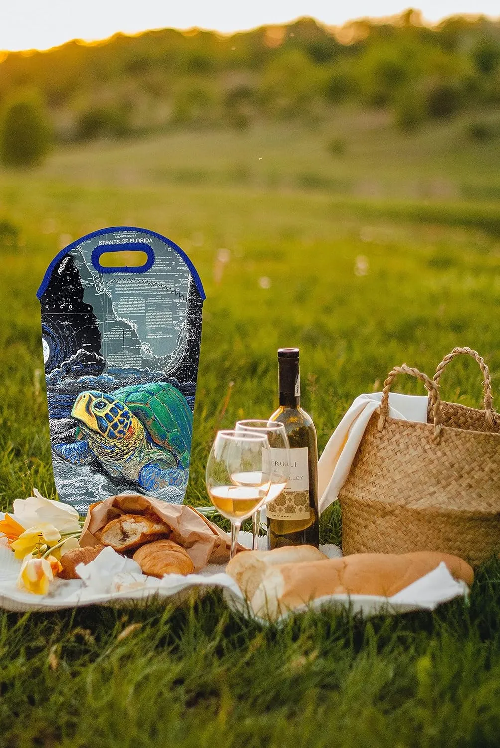Artists Collective Neoprene Beverage Bag | Carry and Chill Champagne, Wine and Beer Bottles - Designed by Carly Mejeur (USA) Lights Out Turtle - Wine
