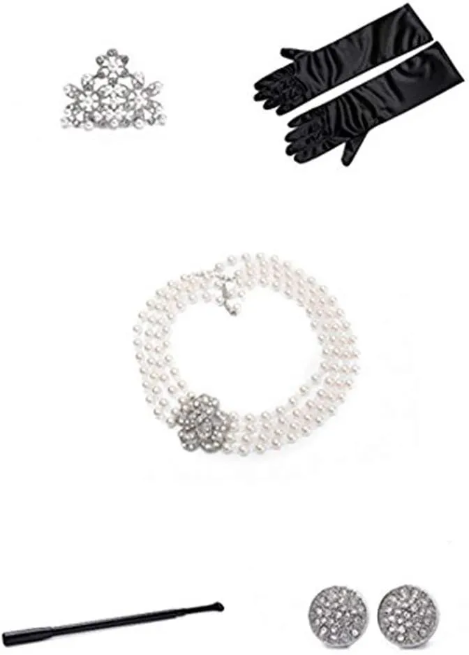 Audrey Hepburn Breakfast at Tiffany Costume Toddler Flapper 5 piece Pearl Jewelry and Kids Accessories Set for Girls