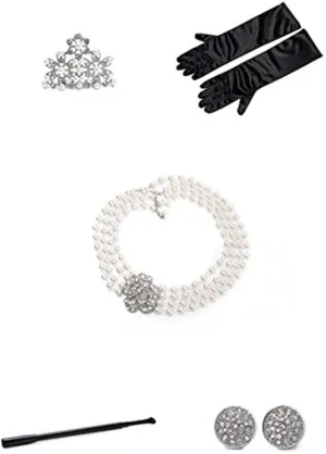 Audrey Hepburn Breakfast at Tiffany Costume Toddler Flapper 5 piece Pearl Jewelry and Kids Accessories Set for Girls