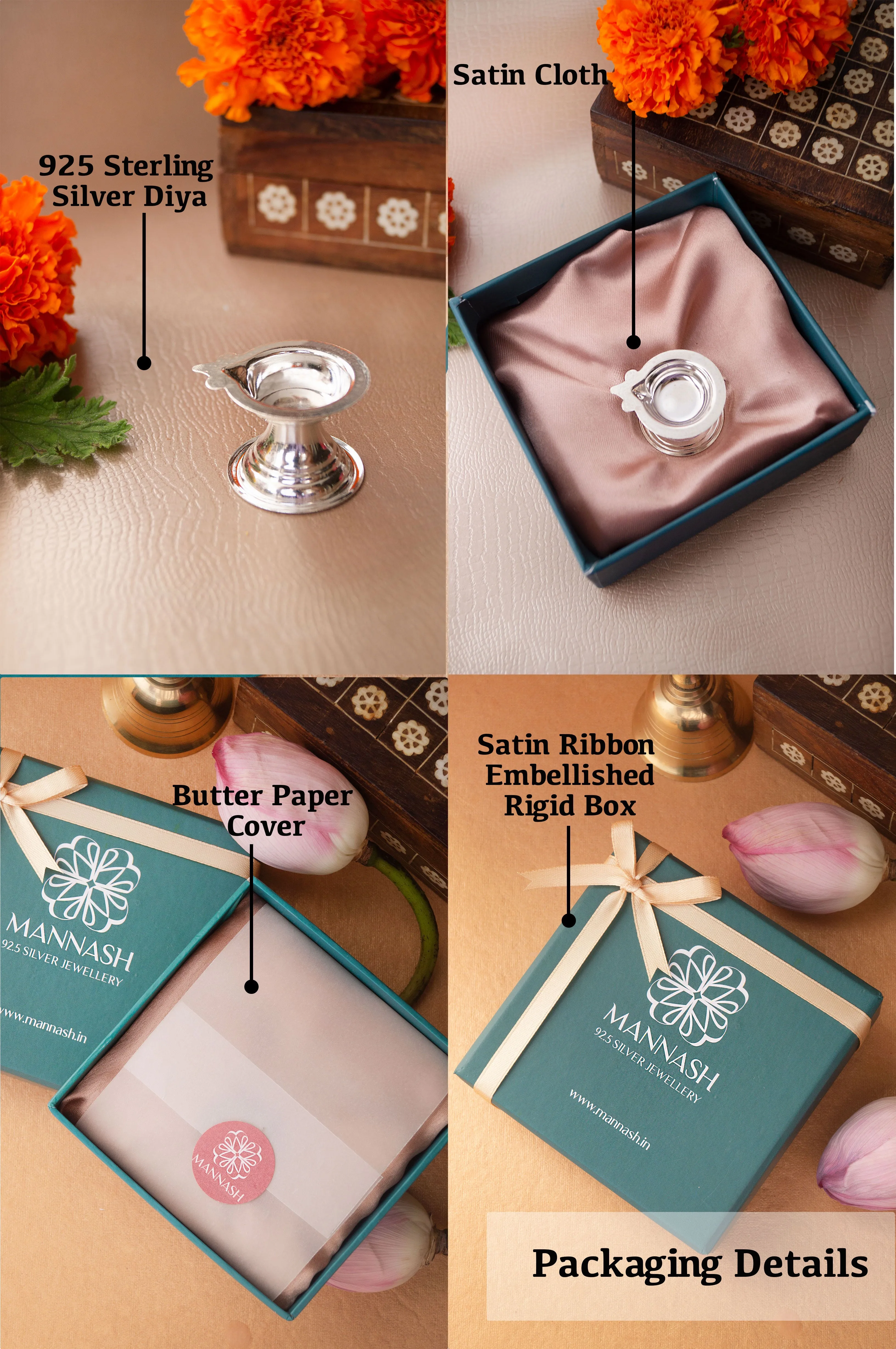 Auspicious Pooja 925 Sterling Silver Diya Stand Diwali Gift Hamper