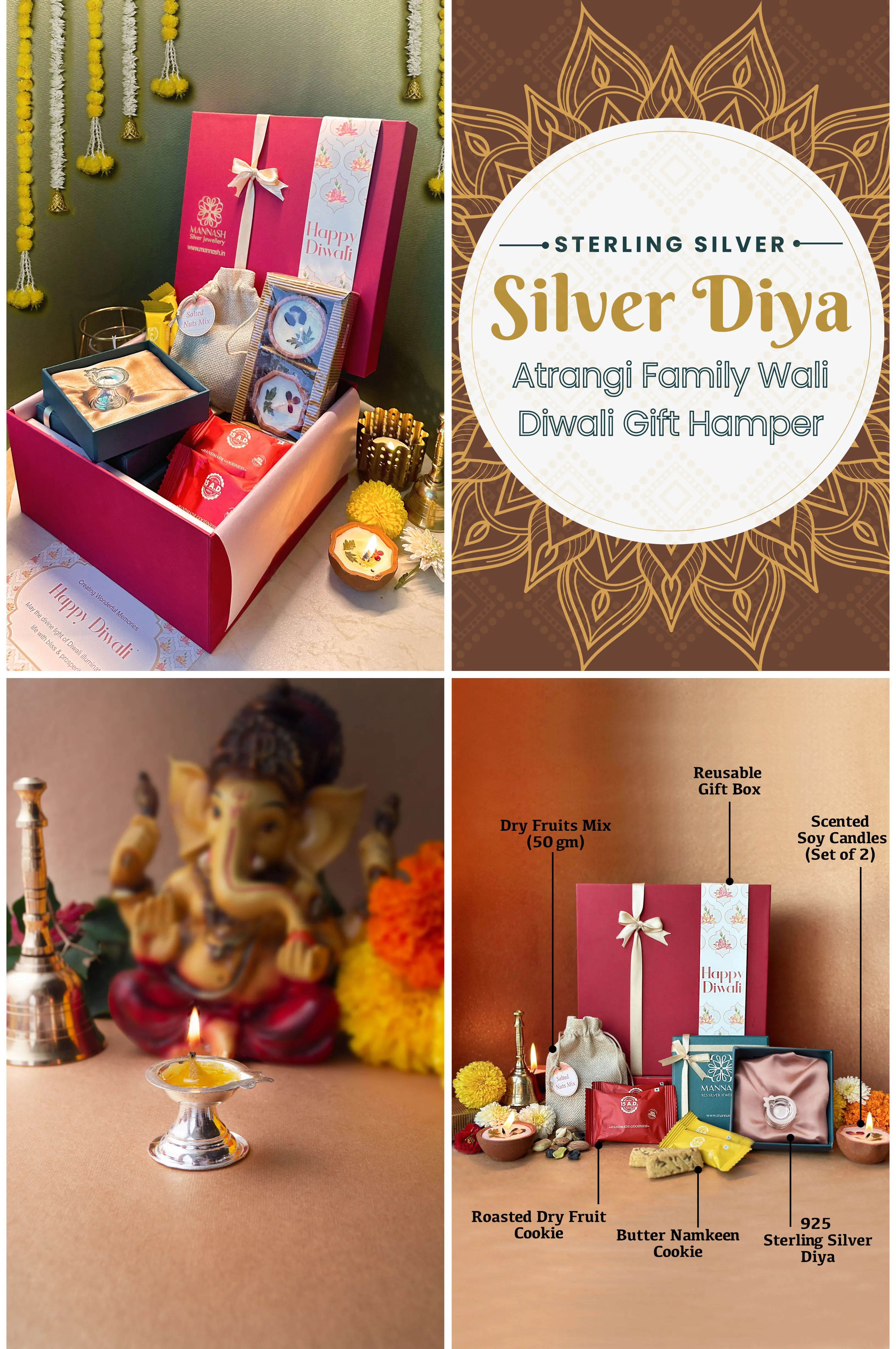 Auspicious Pooja 925 Sterling Silver Diya Stand Diwali Gift Hamper