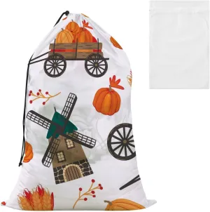 Autumn Pumpkin Cart and Mill Laundry Bags, Drawstring Closure Dirty Clothes Bag Organizer, Heavy Duty Large Laundry Bag Storage, Rip-Stop Bags for Camp Travel, Machine Washable 24 x 35.8 Inch