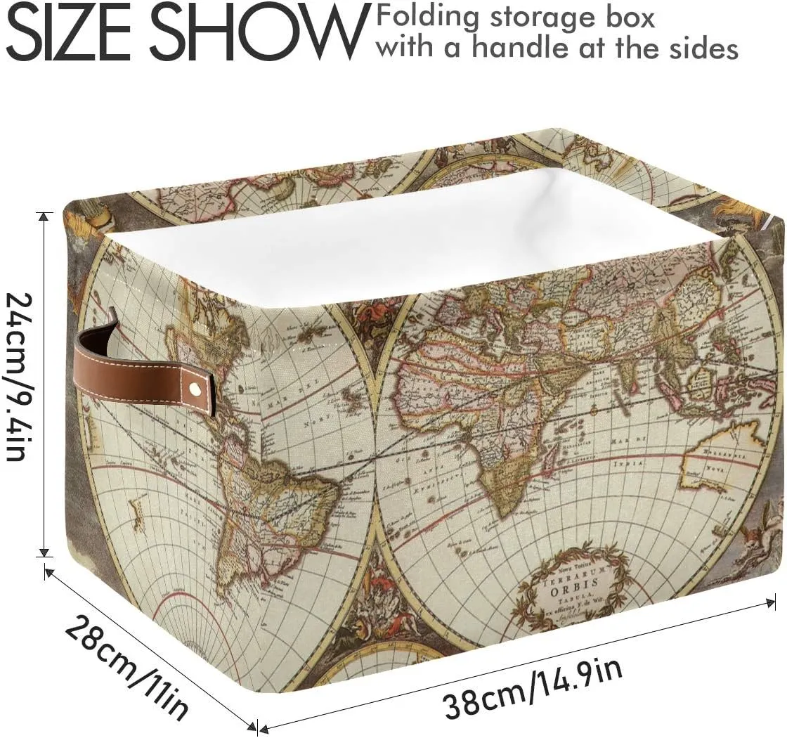 AUUXVA Globe Travel World Map Storage Basket Collapsible Cloth Storage Cube Basket Bins Organizer with Handles Rectangular Large Toys Shelf Closet for Nursery Bedroom Home Office