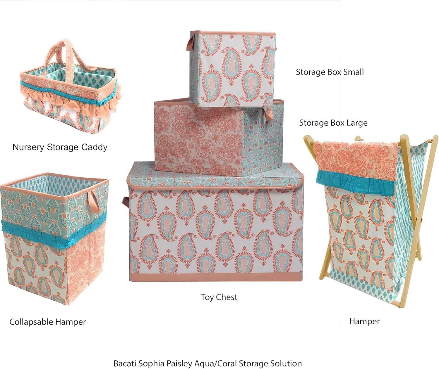 Bacati - Paisley Kids Storage (Nursery Storage Caddy, Coral/Aqua)