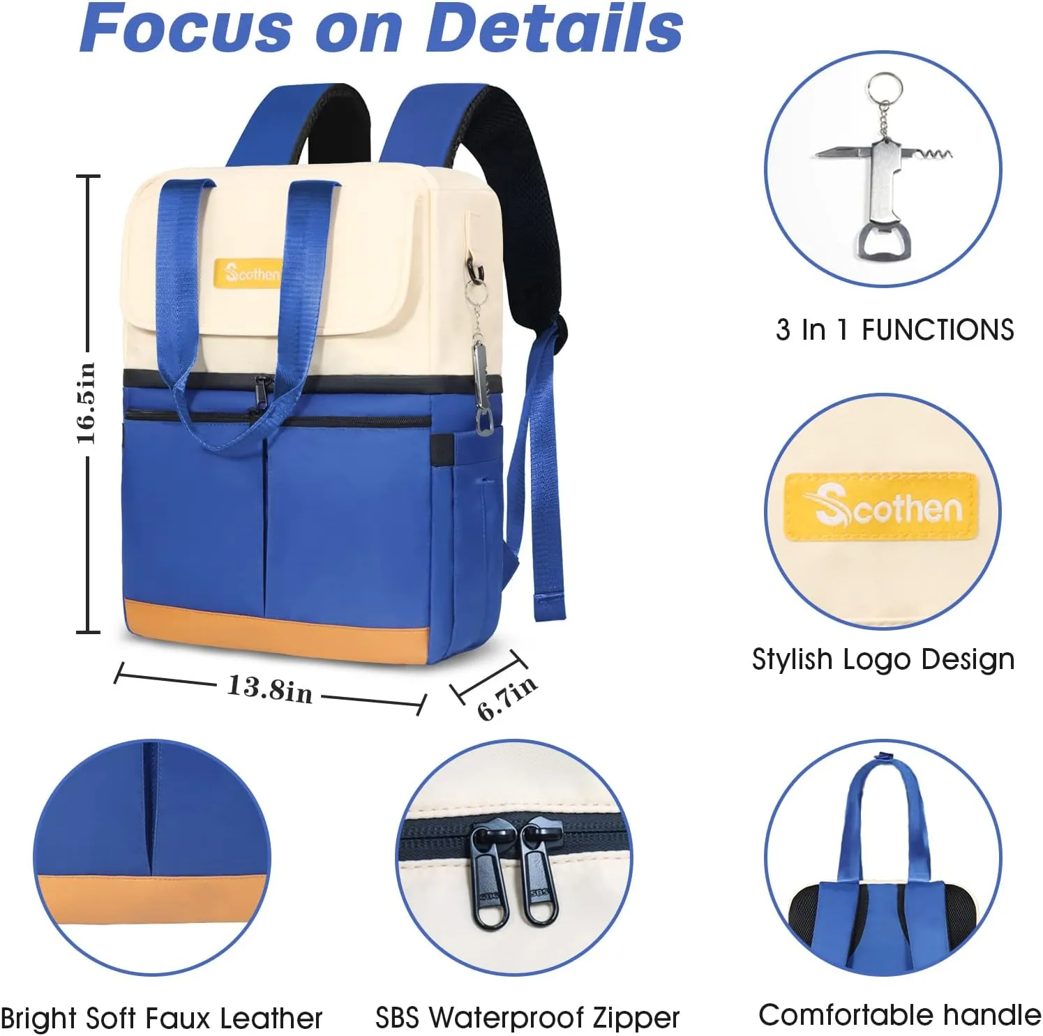 Backpack Cooler with Double Decker & 12 Ice Packs- Keeps 36 Cans Cold for Up to 24 Hours- Waterproof & Leak Proof Insulated Cooler Backpack- Stylish Cooler Bookbag for Women Travel Work Beach