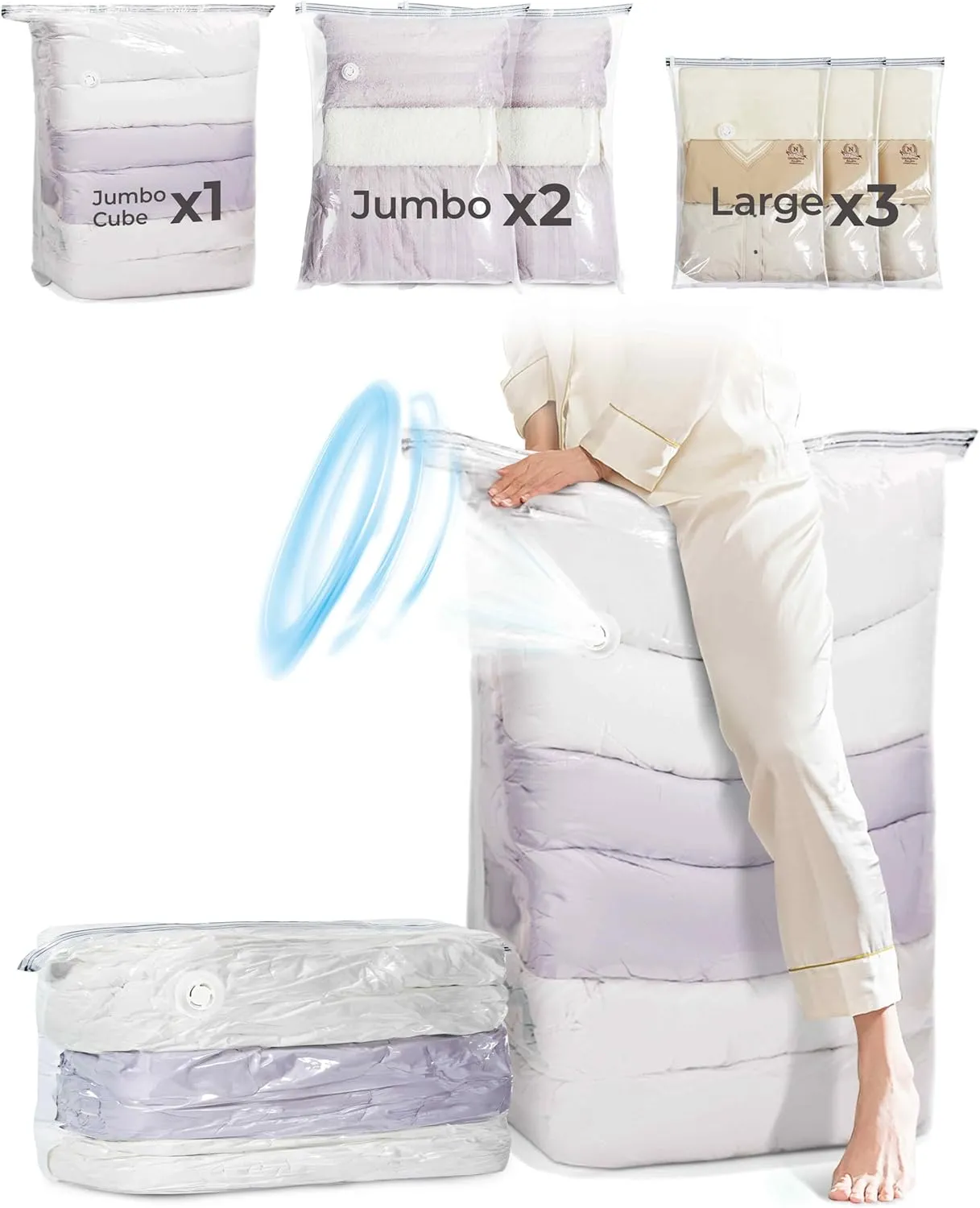 BAGSMART Vacuum Seal Storage Bags for Clothing, 6 Pack Space Saver Bags, 80% Compression Bags for Comforters, Blankets, Bedding, Clothes Storage (1 Jumbo Cube 2 Jumbo 3 Large)