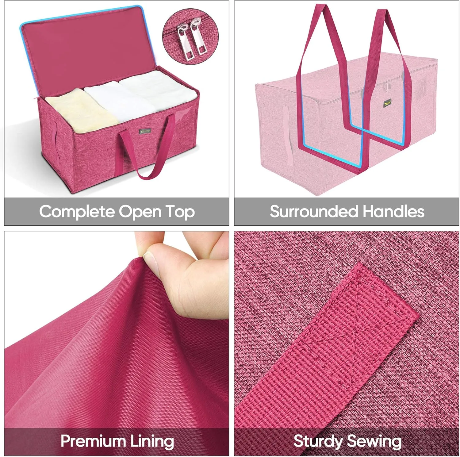 BALEINE Extra Large Storage Tote with Zippers & Carrying Handles, Heavy-Duty Oxford Fabric Moving Bags for Laundry, Space Saving, Storage, Berry Red