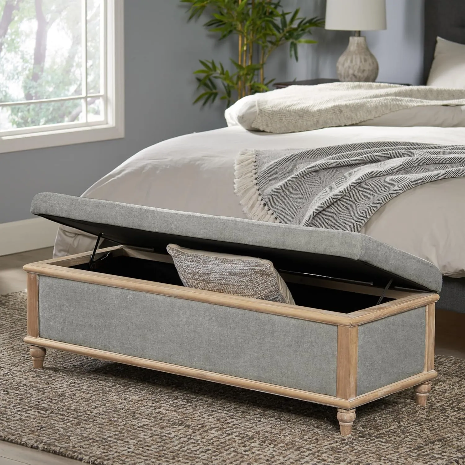 Ball & Cast Upholstered Storage Bench,Linen Fabric End of Bed Foot Stool with Solid Wood Frame&Legs,Storage Footrest Casual Seating W/Safety Hinge,for Entryway,Hallway,Bedroom,Living Room,Bedroom,Gray