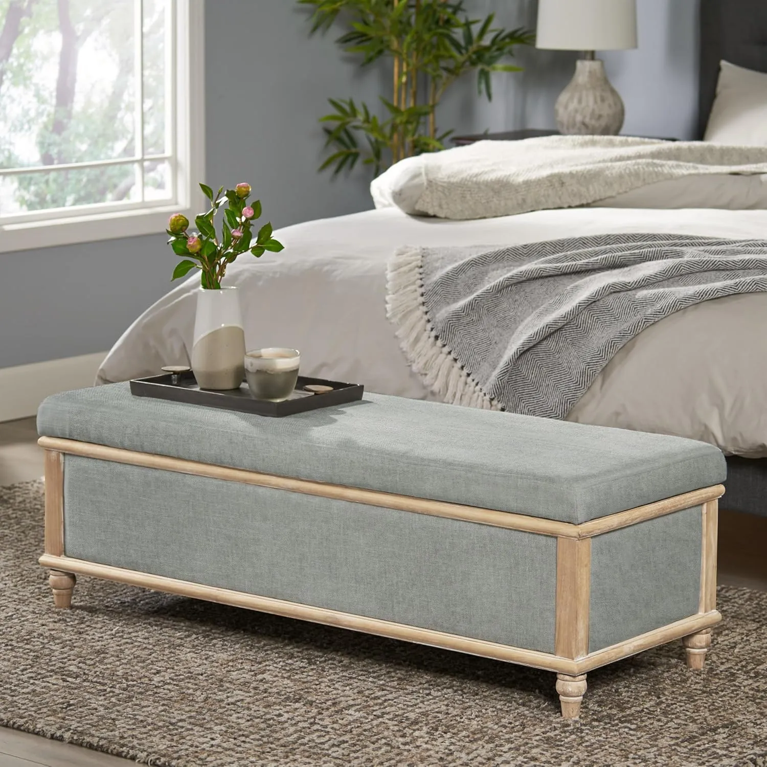 Ball & Cast Upholstered Storage Bench,Linen Fabric End of Bed Foot Stool with Solid Wood Frame&Legs,Storage Footrest Casual Seating W/Safety Hinge,for Entryway,Hallway,Bedroom,Living Room,Bedroom,Gray