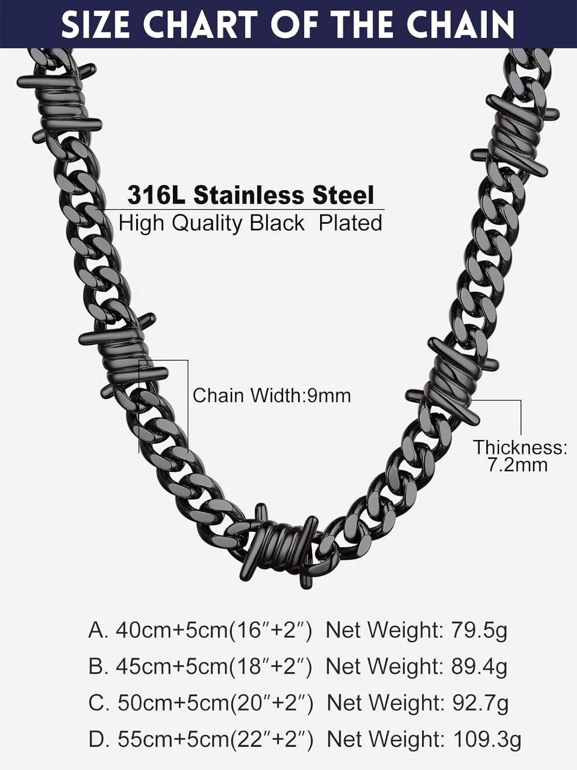 Bandmax Barbed Wire Cuban Necklace for Women Men Stainless Steel/Black Gothic Thorns Skull Choker Necklace Bracelet Punk Jewelry -Gift Packed