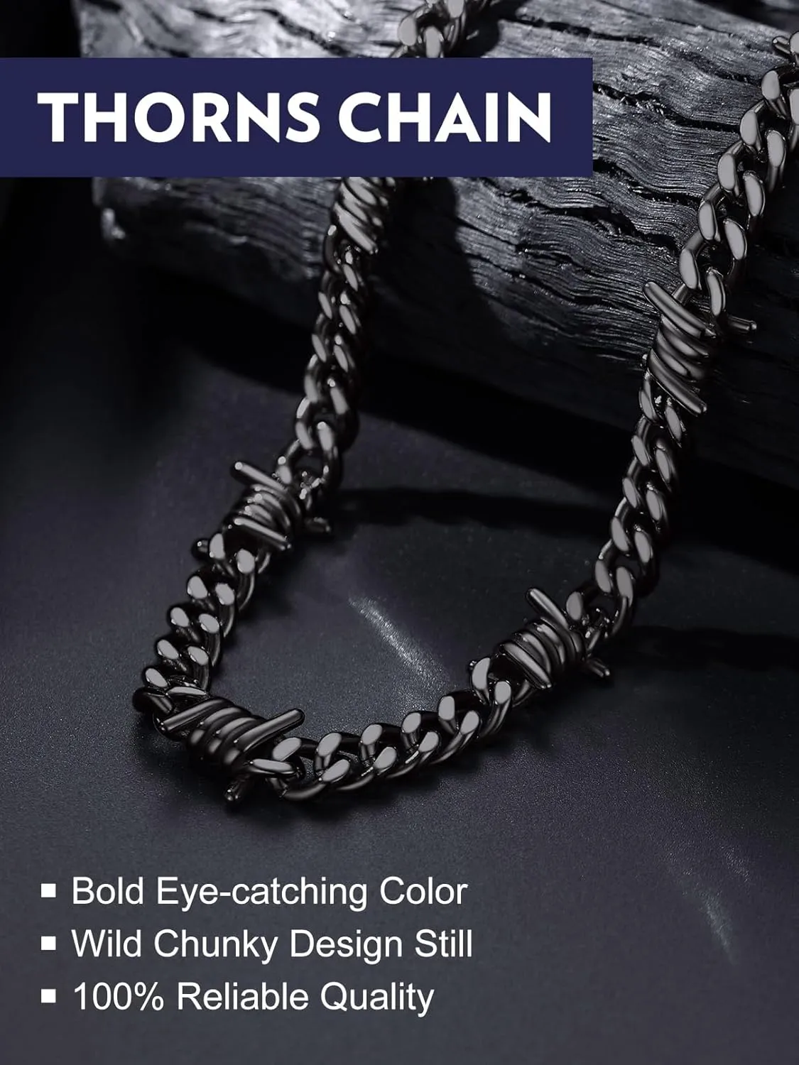 Bandmax Barbed Wire Cuban Necklace for Women Men Stainless Steel/Black Gothic Thorns Skull Choker Necklace Bracelet Punk Jewelry -Gift Packed