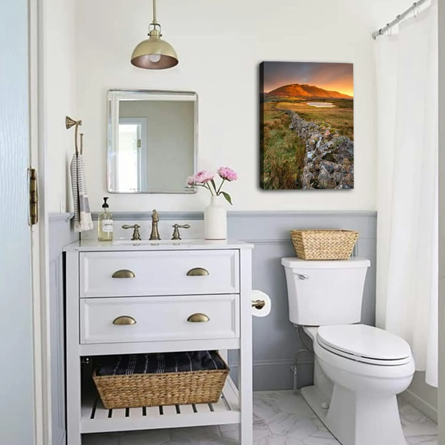Bathroom Wall Art Decor Bathroom Pictures for Wall Artwork Bright Golden Sunrise Over Mountain Tops The English Lake Framed Canvas Wall Art for Bedroom Dining Room Farmhouse 16"x20"