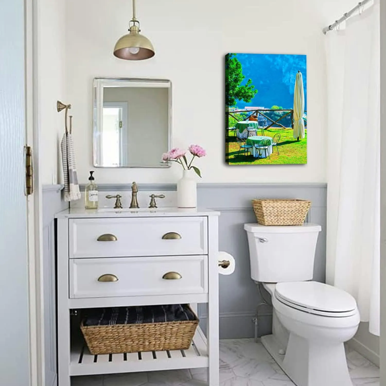Bathroom Wall Art Decor Bathroom Pictures for Wall Artwork Open air street restaurant village reflex Framed Canvas Wall Art for Bedroom Dining Room Farmhouse 16"x20"