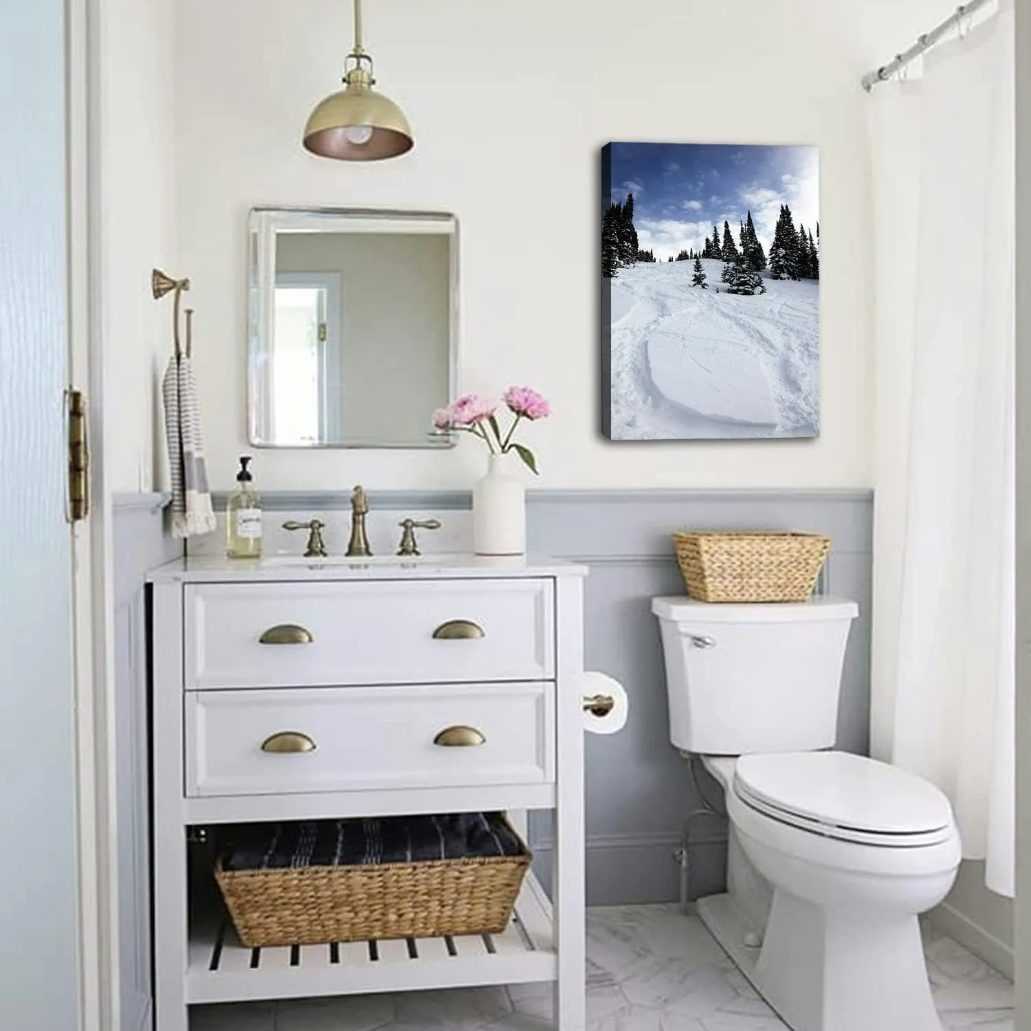 Bathroom Wall Art Decor Bathroom Pictures for Wall Artwork Ski Fresh Tracks Powder Snow Framed Canvas Wall Art for Bedroom Dining Room Farmhouse 16"x20"