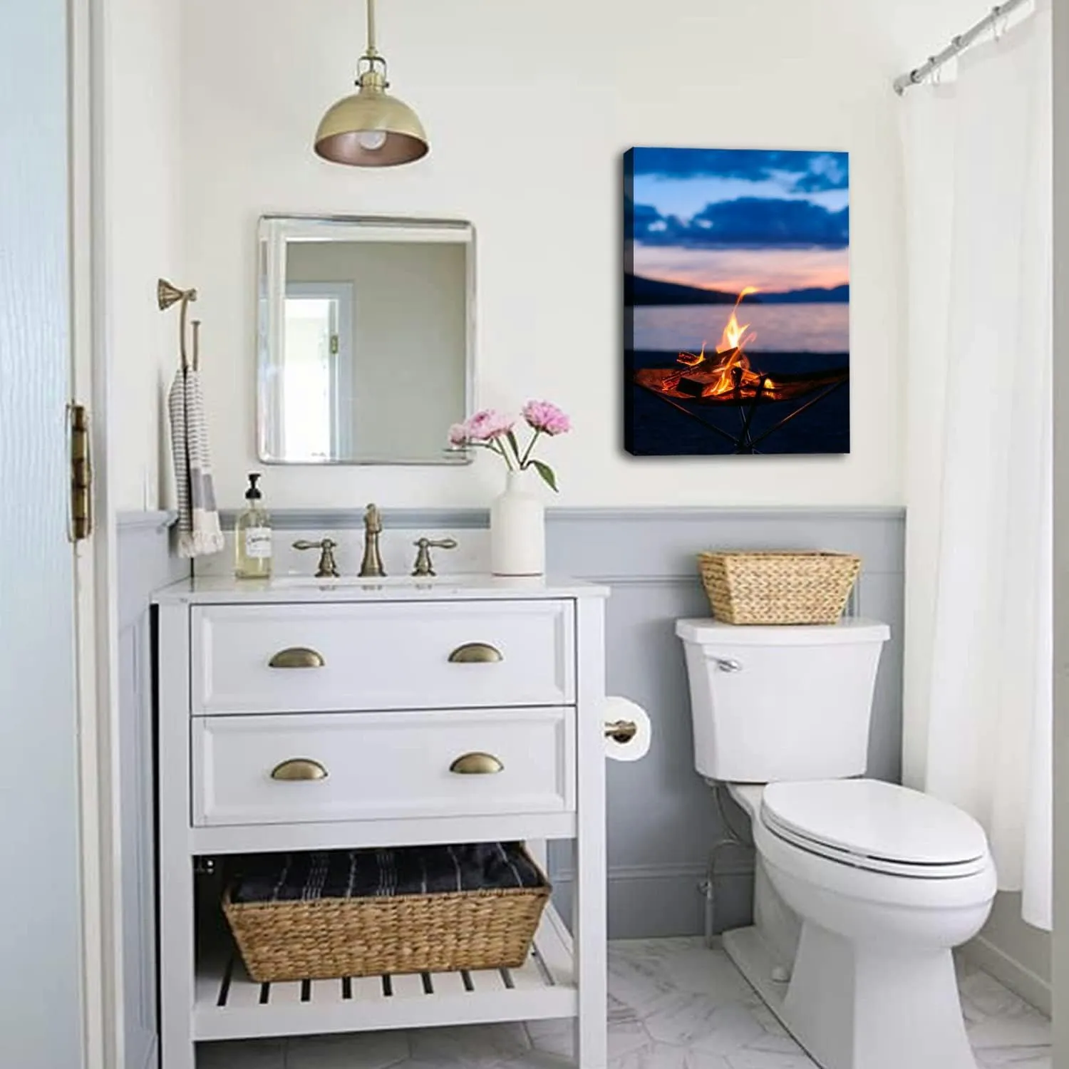 Bathroom Wall Art Decor Bathroom Pictures for Wall Artwork Vertical bonfire time starting at dusk at lakeside camp Framed Canvas Wall Art for Bedroom Dining Room Farmhouse 16"x20"