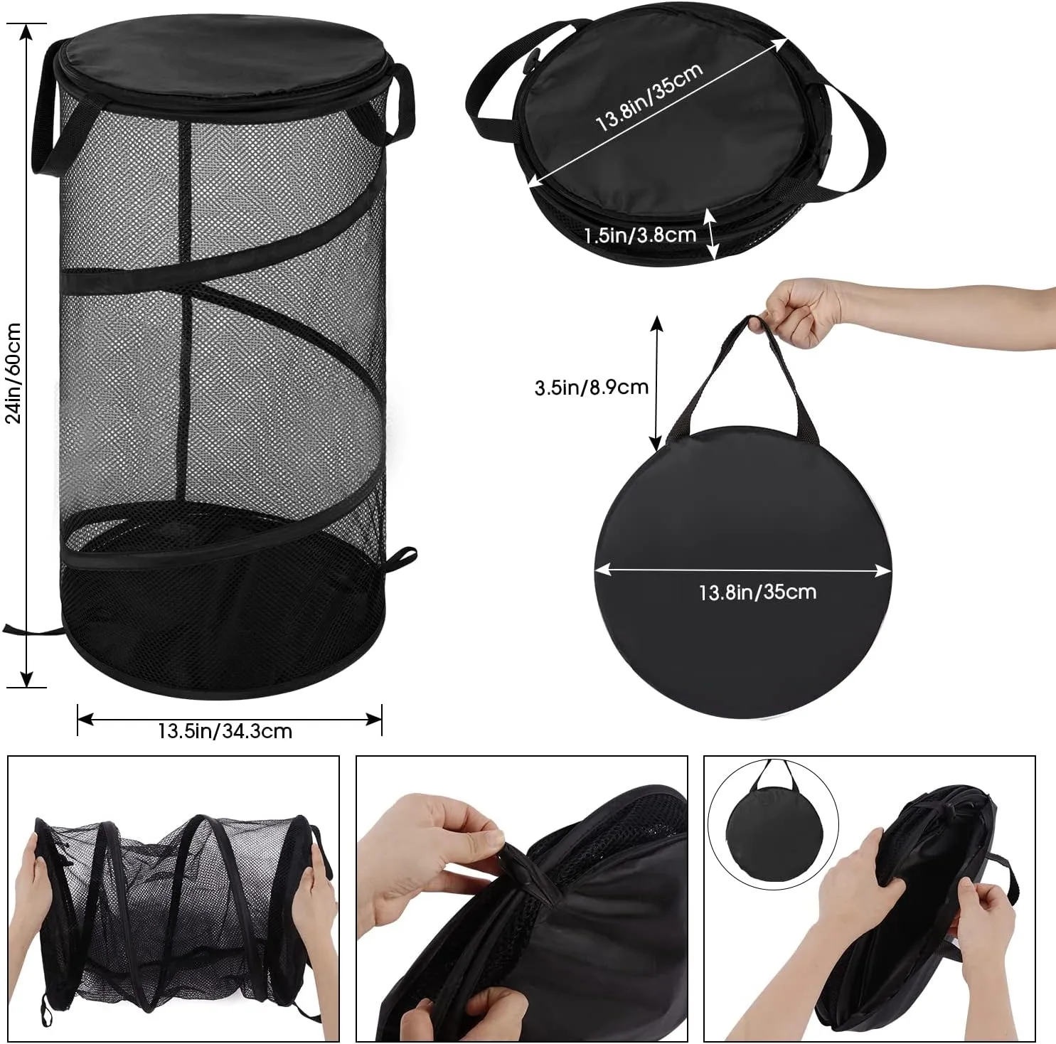 BATTOO 2 Pack Large Collapsible Laundry Basket with Lid Foldable Mesh Pop Up Hamper with Handles for Laundry Room, Bathroom, Kids Room, College Dorm, Travel, Storage Organizer Black White