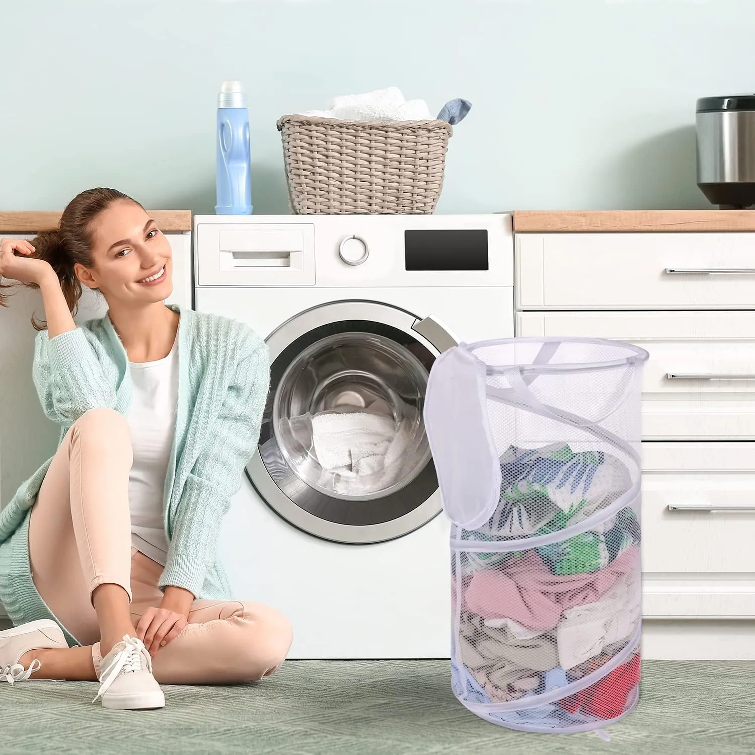 BATTOO 2 Pack Large Collapsible Laundry Basket with Lid Foldable Mesh Pop Up Hamper with Handles for Laundry Room, Bathroom, Kids Room, College Dorm, Travel, Storage Organizer Black White