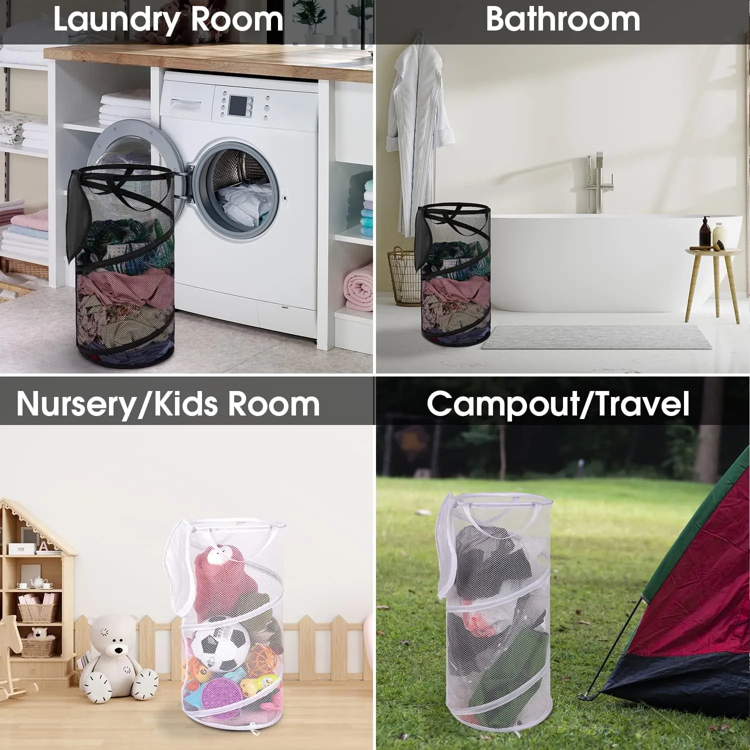 BATTOO 2 Pack Large Collapsible Laundry Basket with Lid Foldable Mesh Pop Up Hamper with Handles for Laundry Room, Bathroom, Kids Room, College Dorm, Travel, Storage Organizer Black White