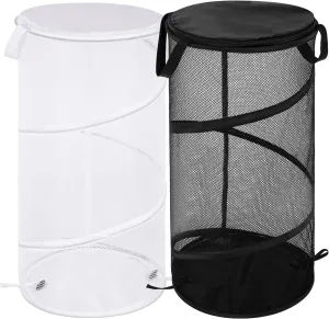 BATTOO 2 Pack Large Collapsible Laundry Basket with Lid Foldable Mesh Pop Up Hamper with Handles for Laundry Room, Bathroom, Kids Room, College Dorm, Travel, Storage Organizer Black White