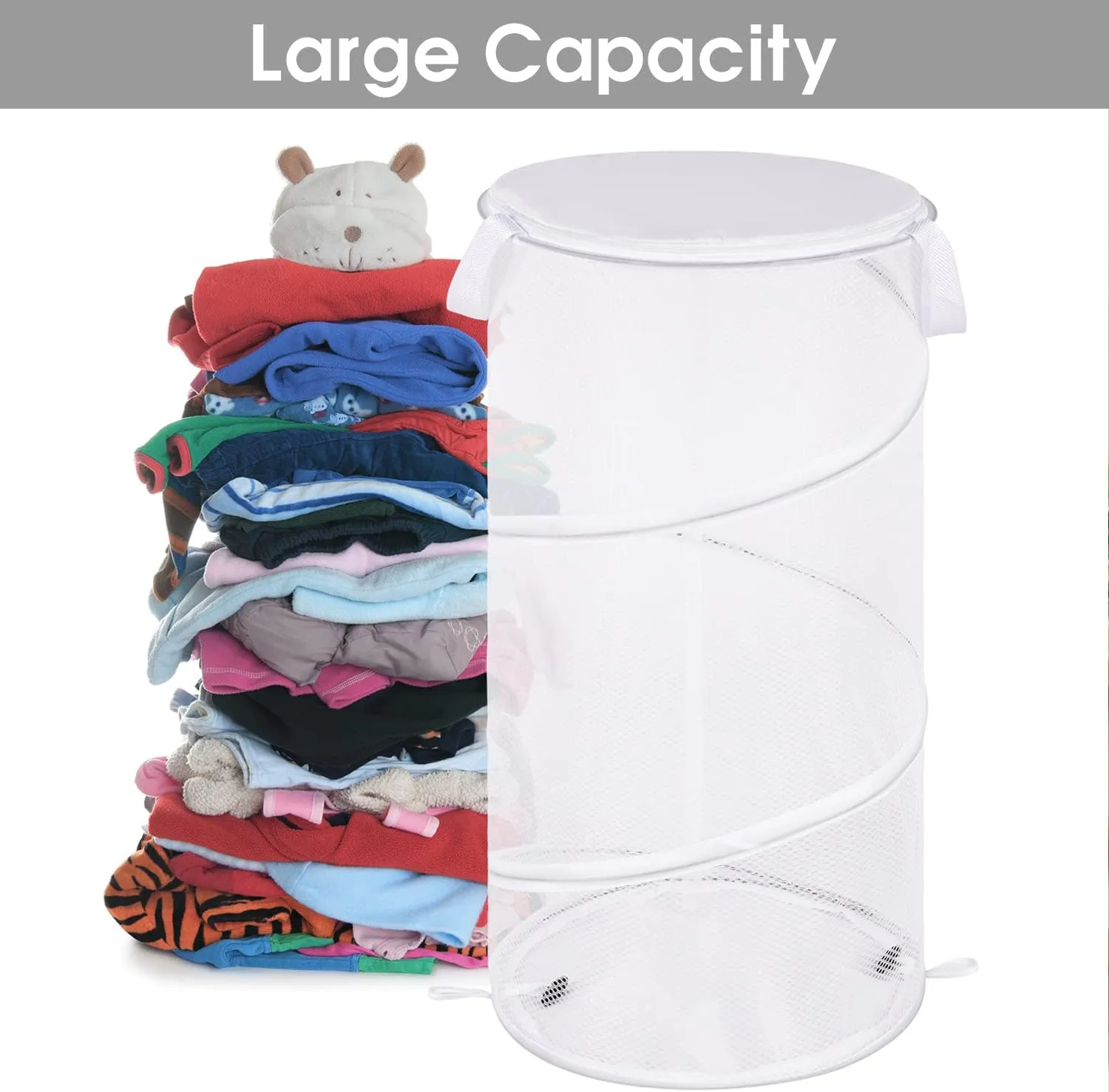 BATTOO 2 Pack Large Collapsible Laundry Basket with Lid Foldable Mesh Pop Up Hamper with Handles for Laundry Room, Bathroom, Kids Room, College Dorm, Travel, Storage Organizer Black White