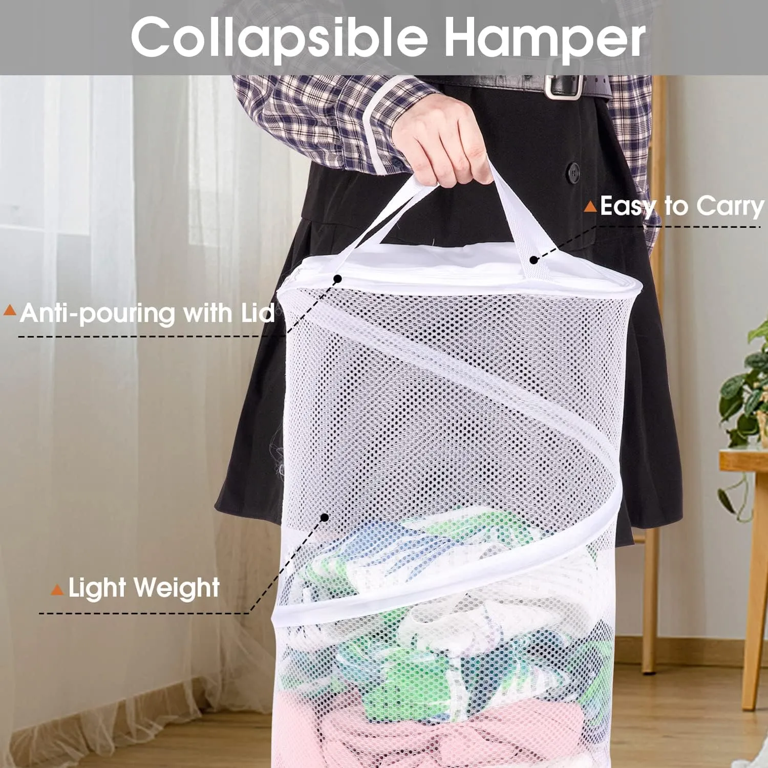 BATTOO 2 Pack Large Collapsible Laundry Basket with Lid Foldable Mesh Pop Up Hamper with Handles for Laundry Room, Bathroom, Kids Room, College Dorm, Travel, Storage Organizer Black White