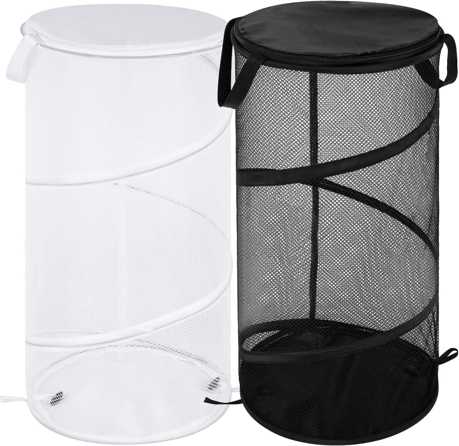 BATTOO 2 Pack Large Collapsible Laundry Basket with Lid Foldable Mesh Pop Up Hamper with Handles for Laundry Room, Bathroom, Kids Room, College Dorm, Travel, Storage Organizer Black White