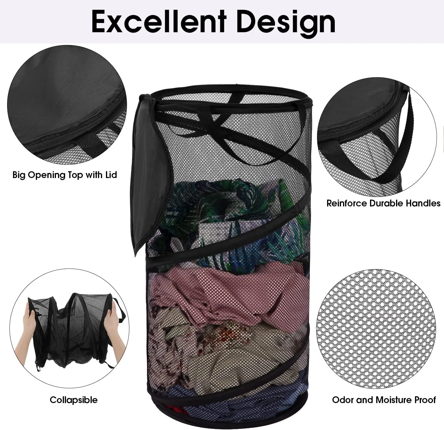 BATTOO 2 Pack Large Collapsible Laundry Basket with Lid Foldable Mesh Pop Up Hamper with Handles for Laundry Room, Bathroom, Kids Room, College Dorm, Travel, Storage Organizer Black White