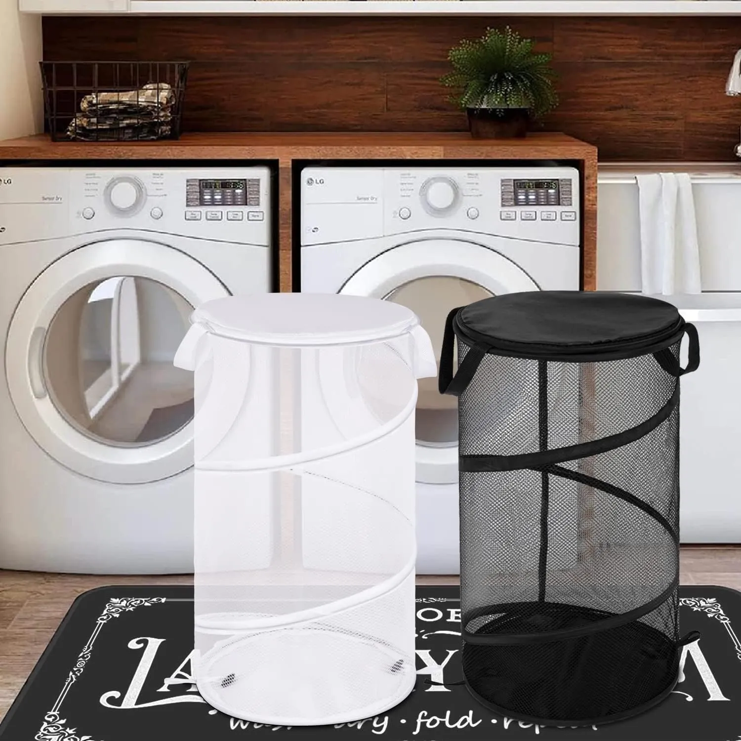 BATTOO 2 Pack Large Collapsible Laundry Basket with Lid Foldable Mesh Pop Up Hamper with Handles for Laundry Room, Bathroom, Kids Room, College Dorm, Travel, Storage Organizer Black White