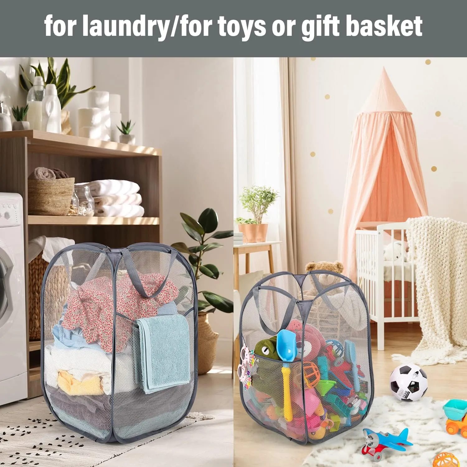 BATTOO 3 Pack Collapsible Laundry Basket Strong Mesh Pop Up Laundry Hamper for Laundry Foldable Hampers with Side Pocket Reinforced Handles for Bathroom, Kids Room, College Dorm or Travel Grey