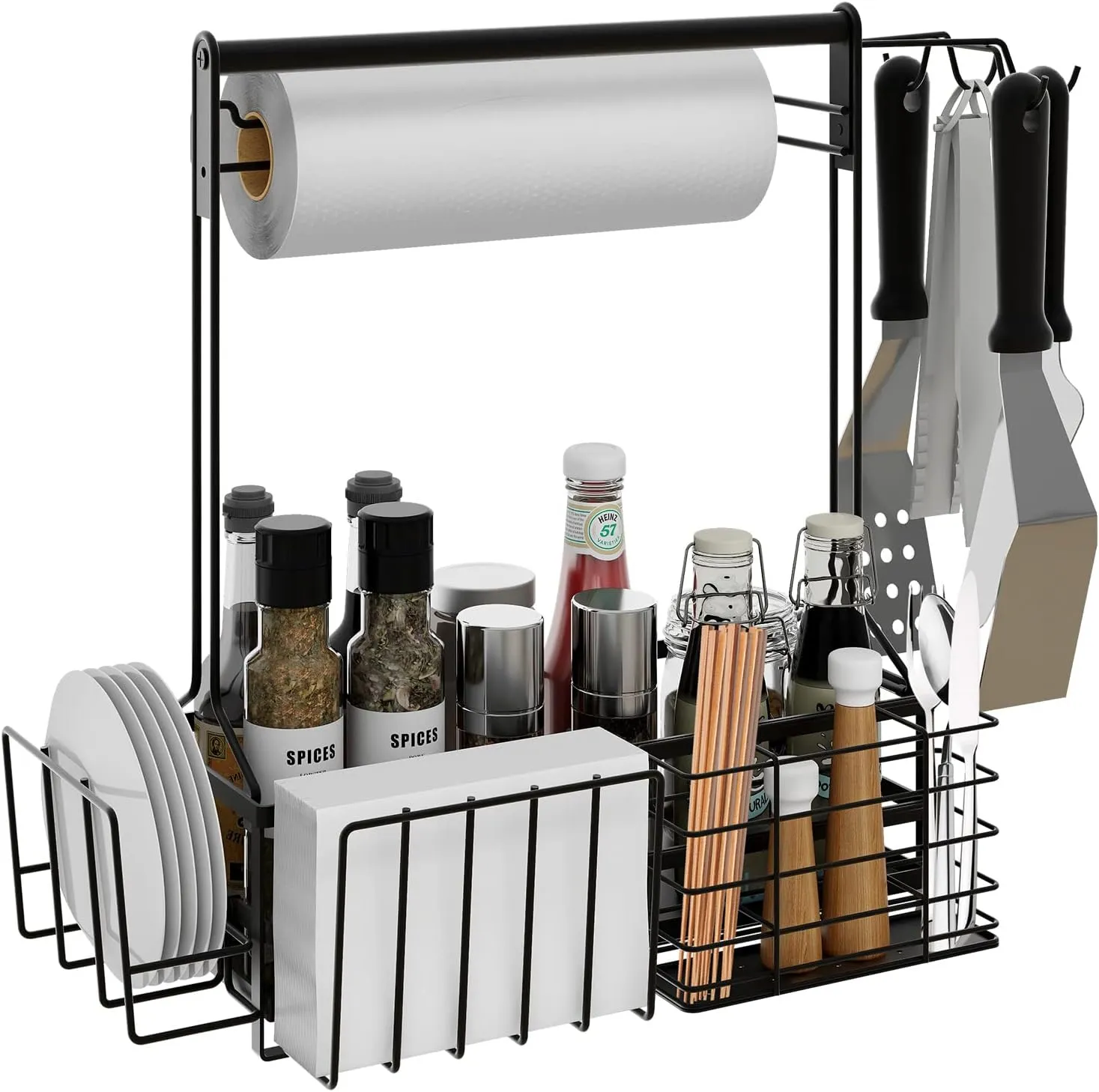 BBQ Caddy, Grill Caddy for Outdoor Grilling with Paper Towel Holder, Grill Utensil Caddy, Outdoor Kitchen Barbecue Accessories for Camper, Tailgate Essentials, Grilling Gifts for Men