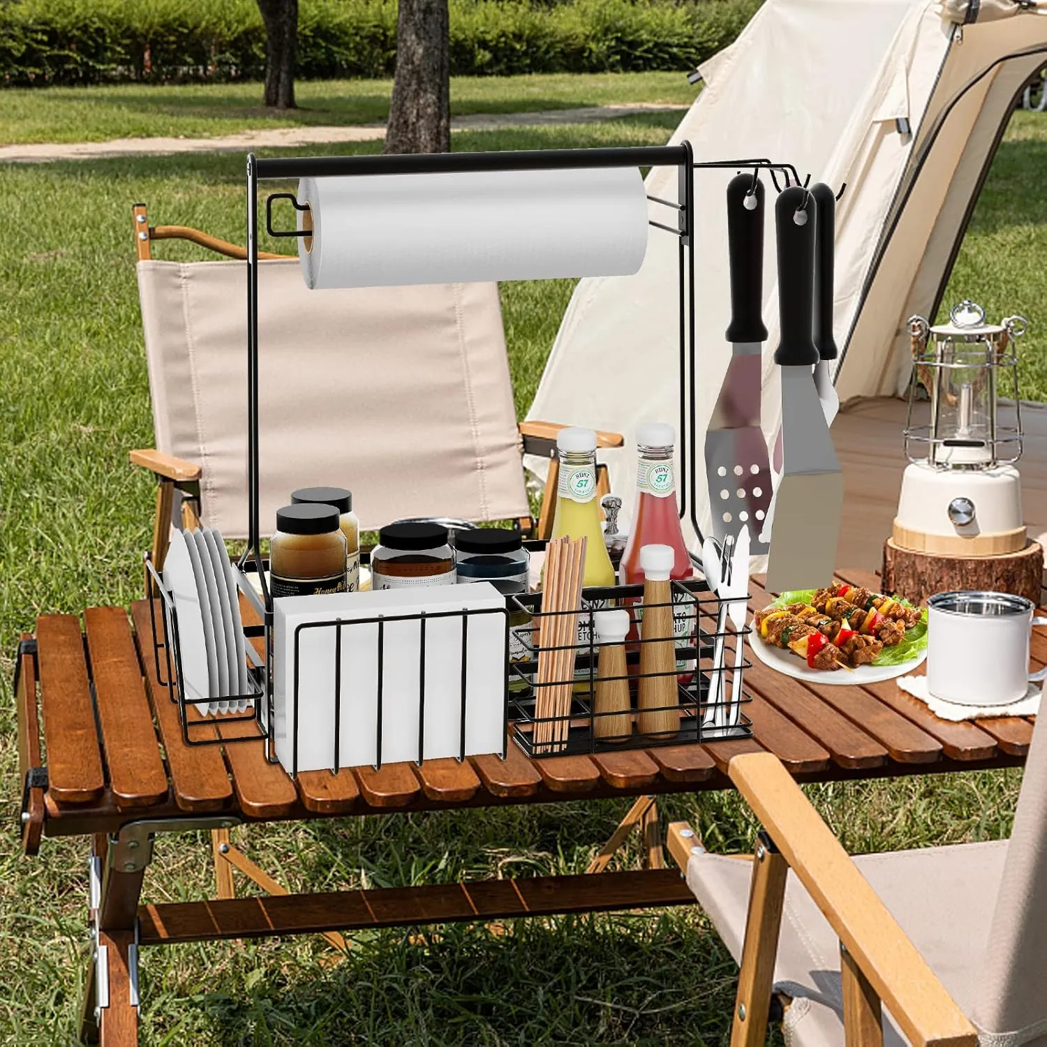BBQ Caddy, Grill Caddy for Outdoor Grilling with Paper Towel Holder, Grill Utensil Caddy, Outdoor Kitchen Barbecue Accessories for Camper, Tailgate Essentials, Grilling Gifts for Men