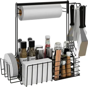 BBQ Caddy, Grill Caddy for Outdoor Grilling with Paper Towel Holder, Grill Utensil Caddy, Outdoor Kitchen Barbecue Accessories for Camper, Tailgate Essentials, Grilling Gifts for Men