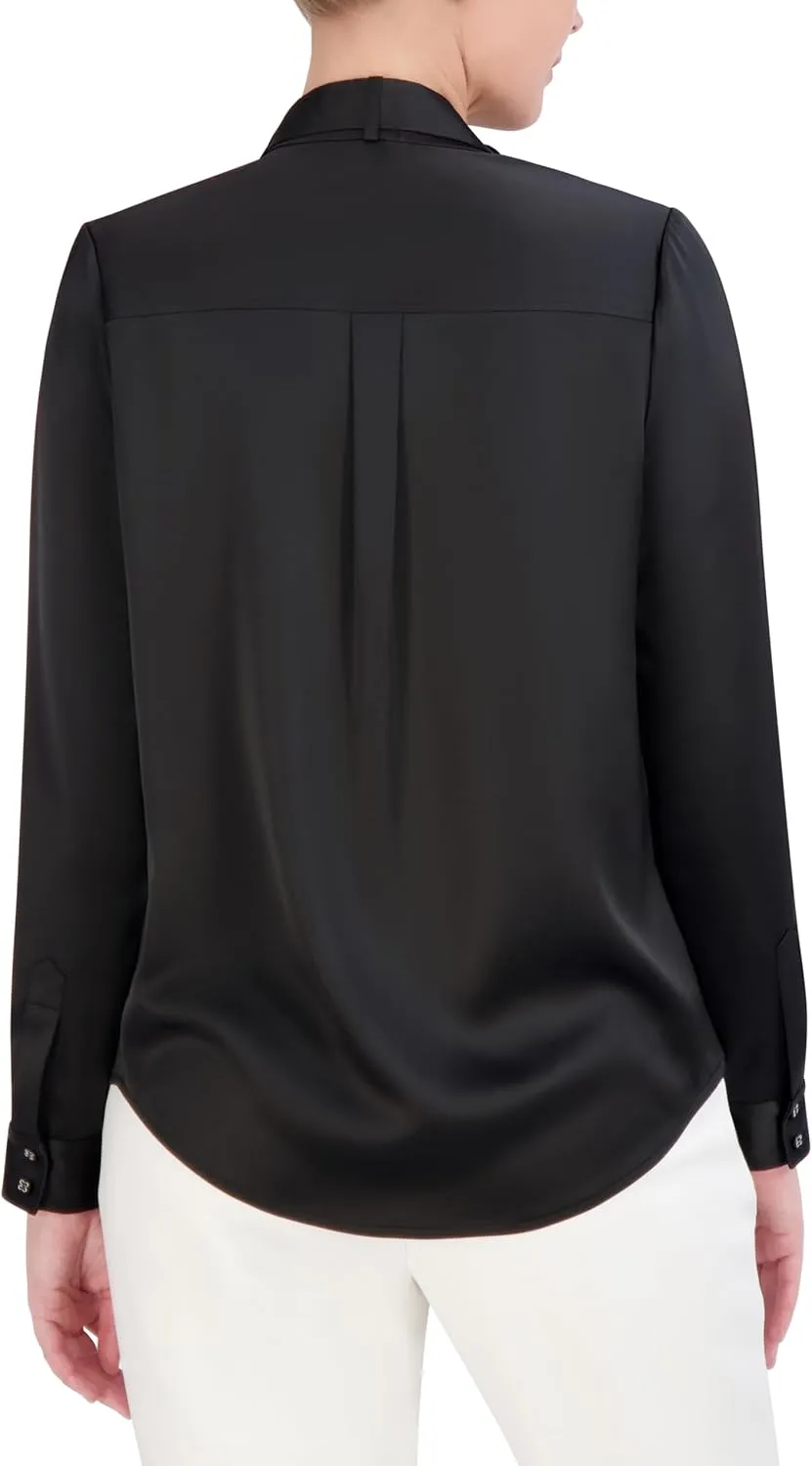 BCBGMAXAZRIA Women's Long Sleeve Mock Collar Neck Belt Tie Blouse Top