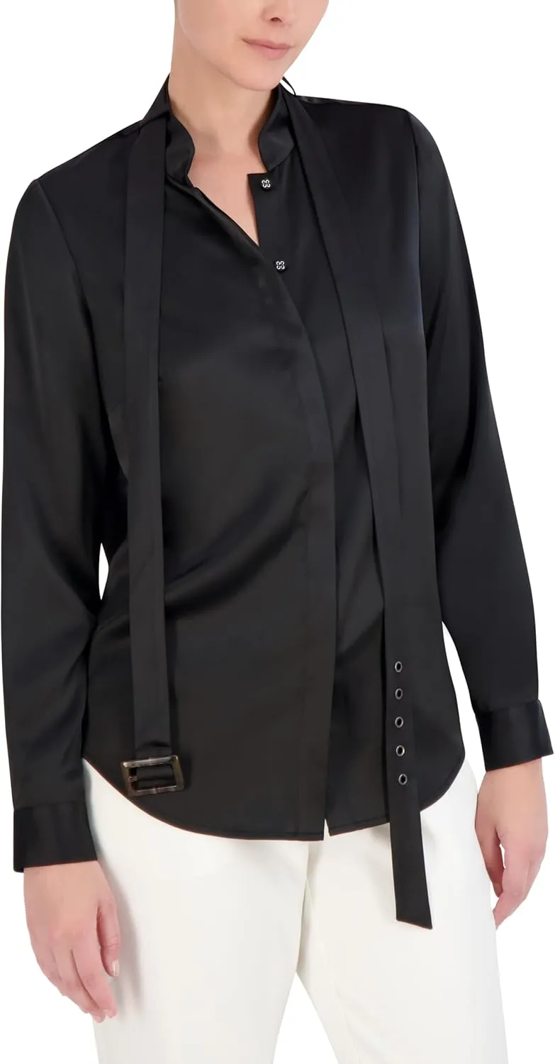 BCBGMAXAZRIA Women's Long Sleeve Mock Collar Neck Belt Tie Blouse Top
