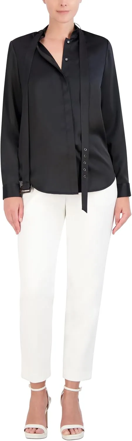 BCBGMAXAZRIA Women's Long Sleeve Mock Collar Neck Belt Tie Blouse Top