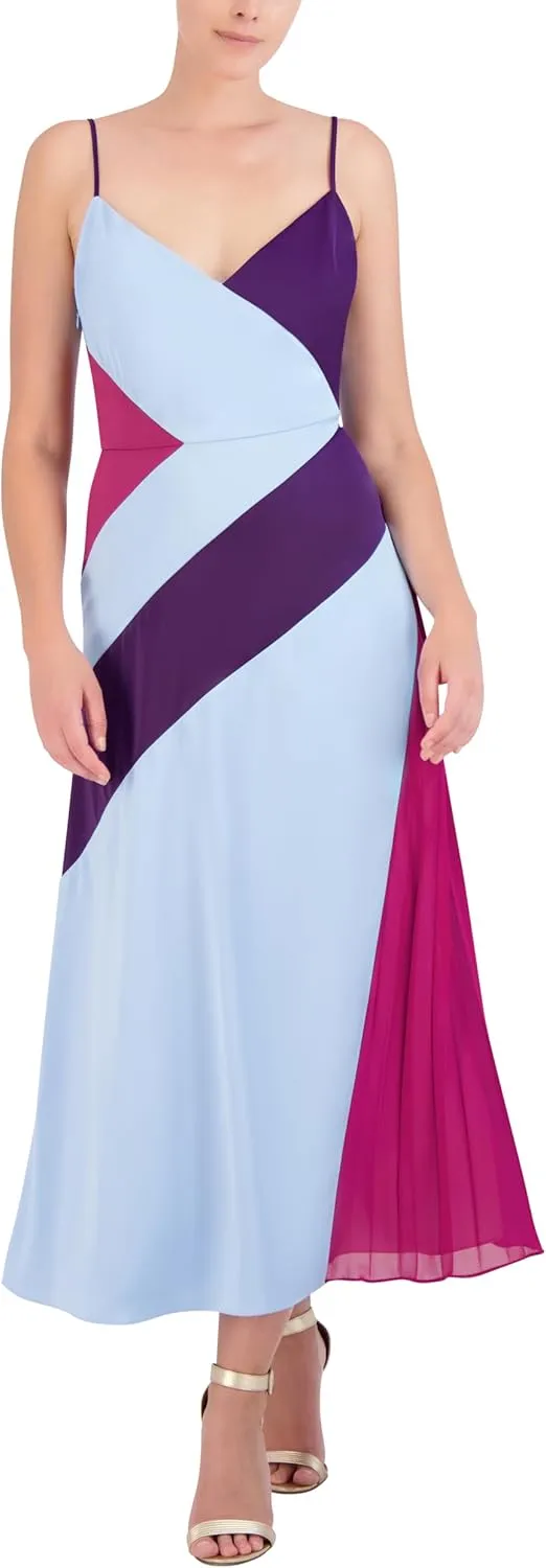 BCBGMAXAZRIA Women's Sleeveless V Neck Color Blocked Maxi Dress