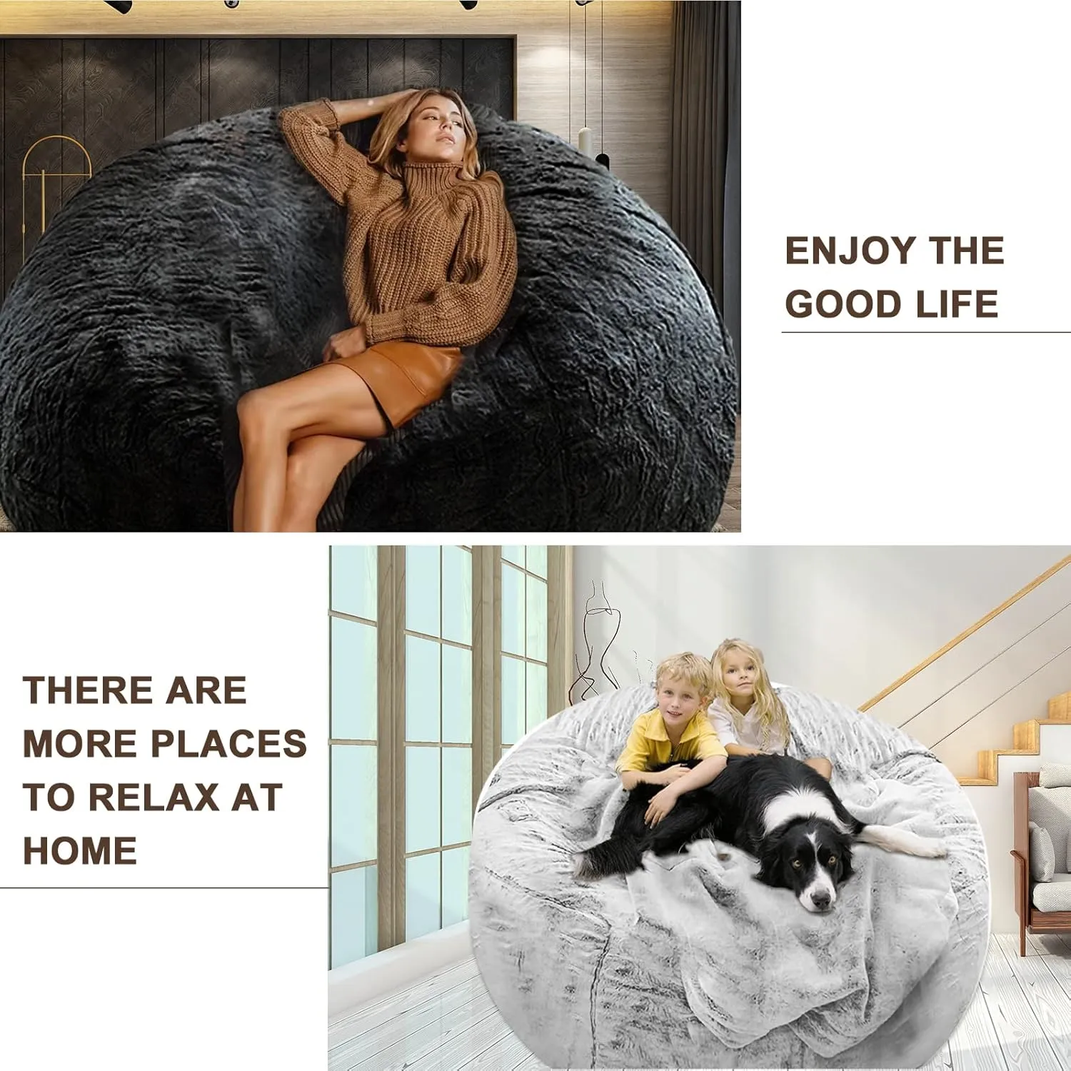 Bean Bag Chair Cover Without Filler,Big Round Soft Fluffy PV Velvet Washable Bean Bag Lazy Sofa Bed Cover for Adults,Living Room Bedroom Furniture Outside,6ft dark grey(No Filler)