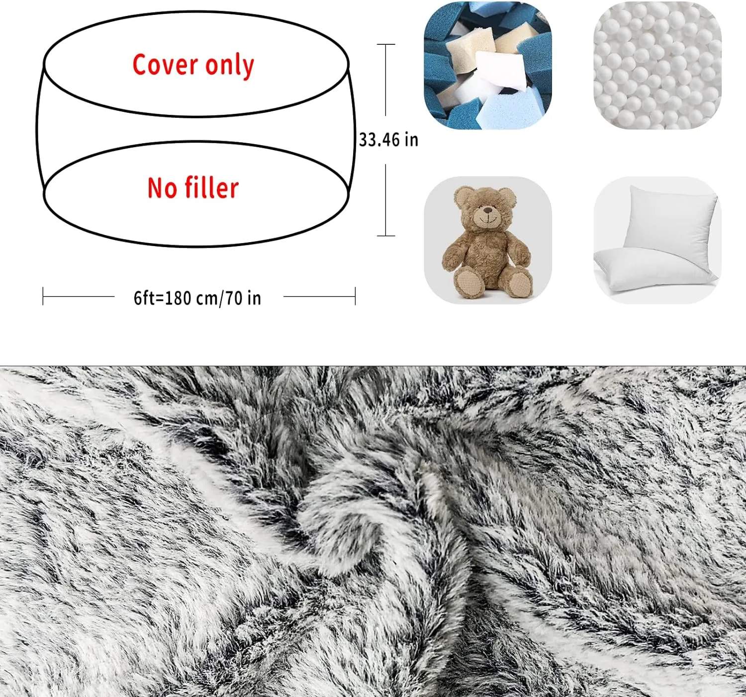 Bean Bag Chair Cover Without Filler,Big Round Soft Fluffy PV Velvet Washable Bean Bag Lazy Sofa Bed Cover for Adults,Living Room Bedroom Furniture Outside,6ft dark grey(No Filler)