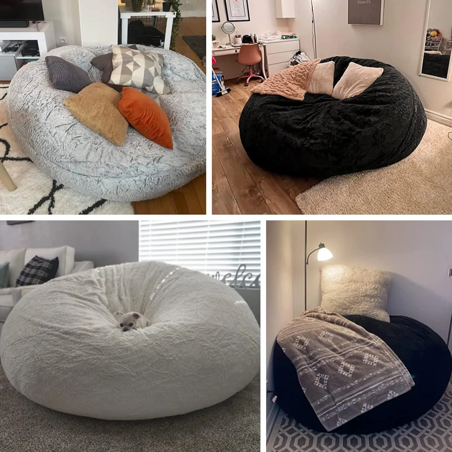 Bean Bag Chair Cover Without Filler,Big Round Soft Fluffy PV Velvet Washable Bean Bag Lazy Sofa Bed Cover for Adults,Living Room Bedroom Furniture Outside,6ft dark grey(No Filler)