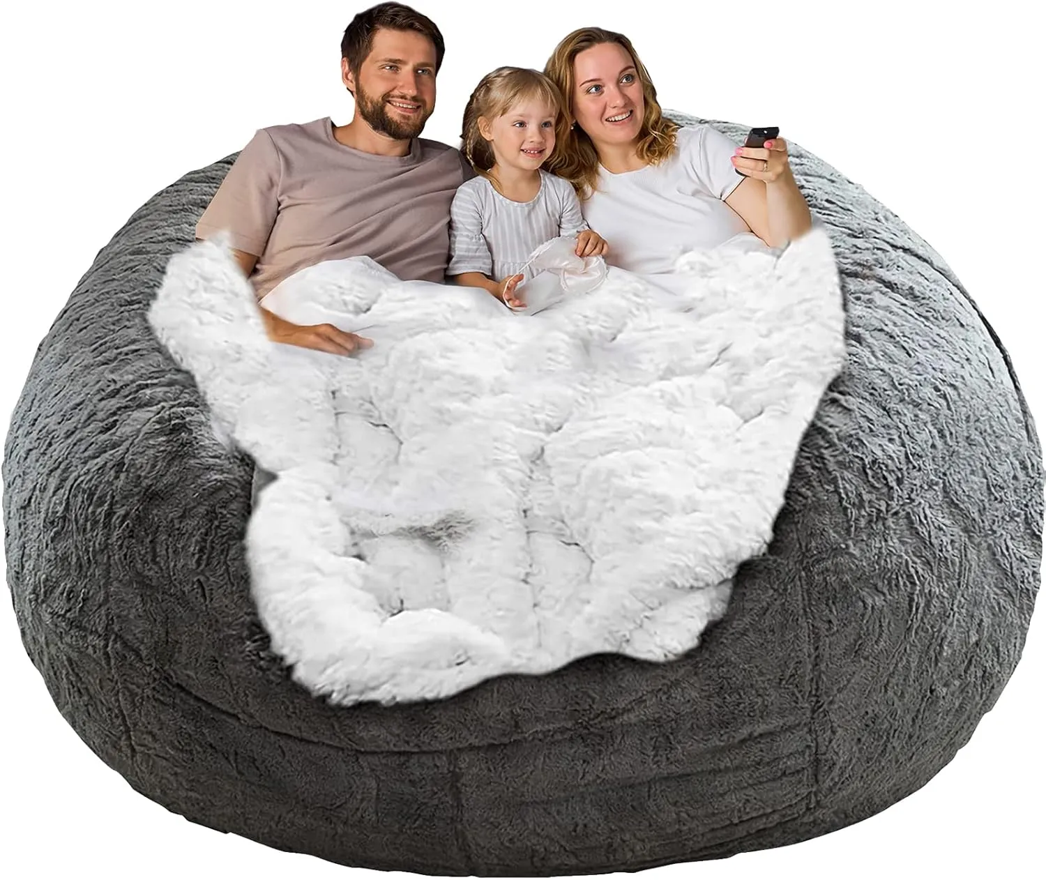 Bean Bag Chair Cover Without Filler,Big Round Soft Fluffy PV Velvet Washable Bean Bag Lazy Sofa Bed Cover for Adults,Living Room Bedroom Furniture Outside,6ft dark grey(No Filler)