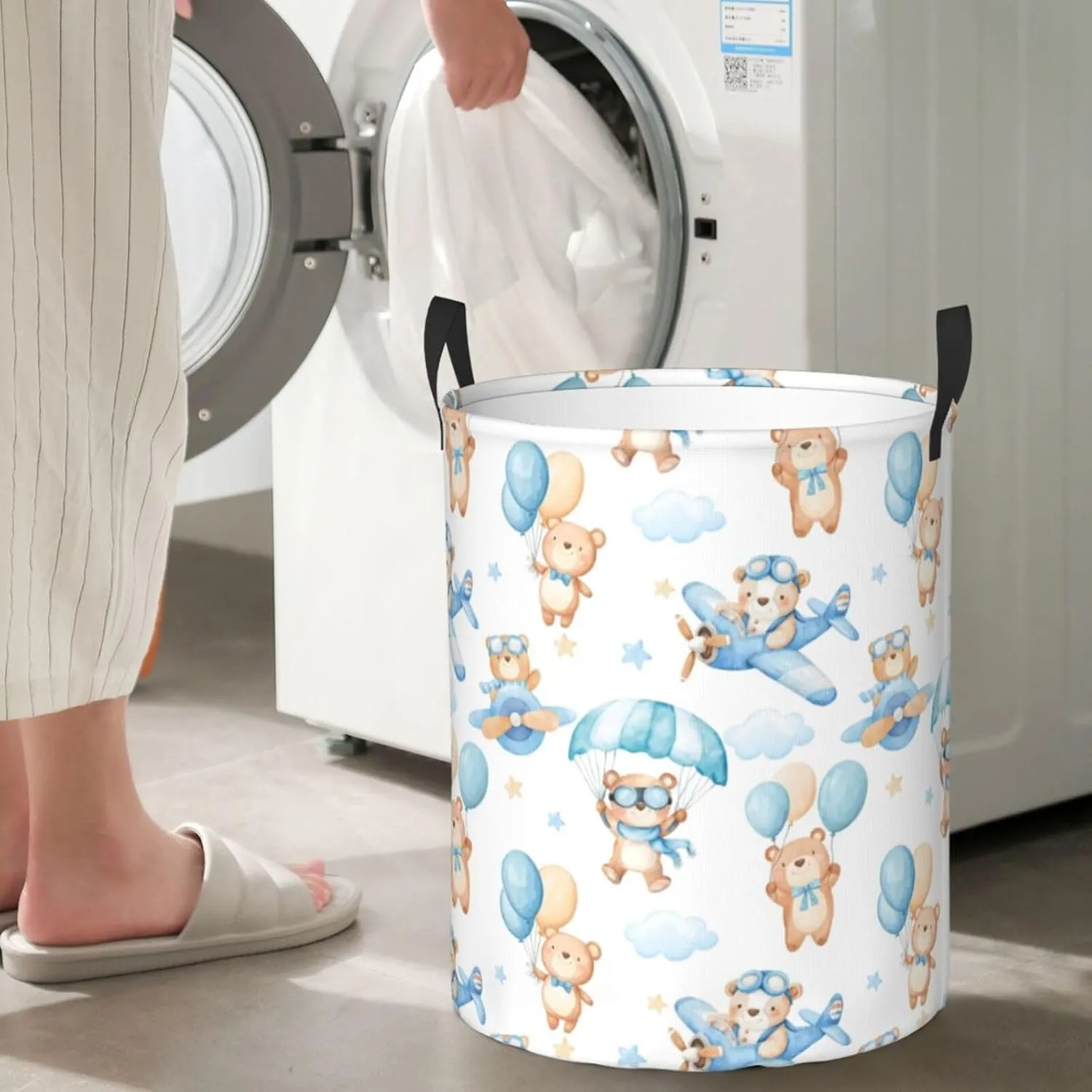 Bear Blue Hamper Blue Laundry Baskets 45l Large Bear Pilot Kid Boy Girl Laundry Hamper Hot Air Balloon Gift Basket Animal Laundry Baskets With Handle Collapsible Clothes Toy Storage Basket