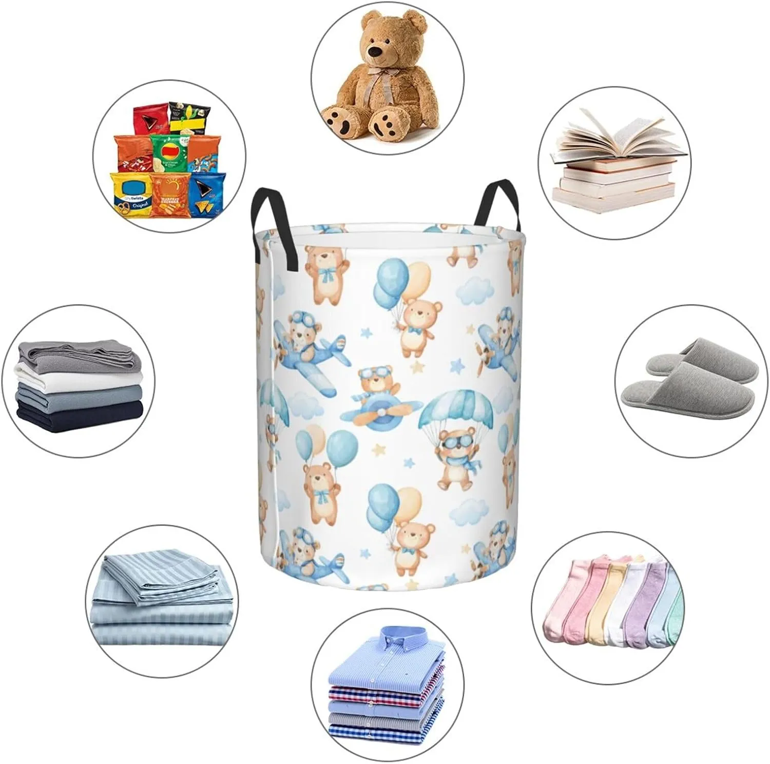 Bear Blue Hamper Blue Laundry Baskets 45l Large Bear Pilot Kid Boy Girl Laundry Hamper Hot Air Balloon Gift Basket Animal Laundry Baskets With Handle Collapsible Clothes Toy Storage Basket