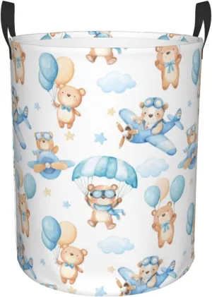 Bear Blue Hamper Blue Laundry Baskets 45l Large Bear Pilot Kid Boy Girl Laundry Hamper Hot Air Balloon Gift Basket Animal Laundry Baskets With Handle Collapsible Clothes Toy Storage Basket