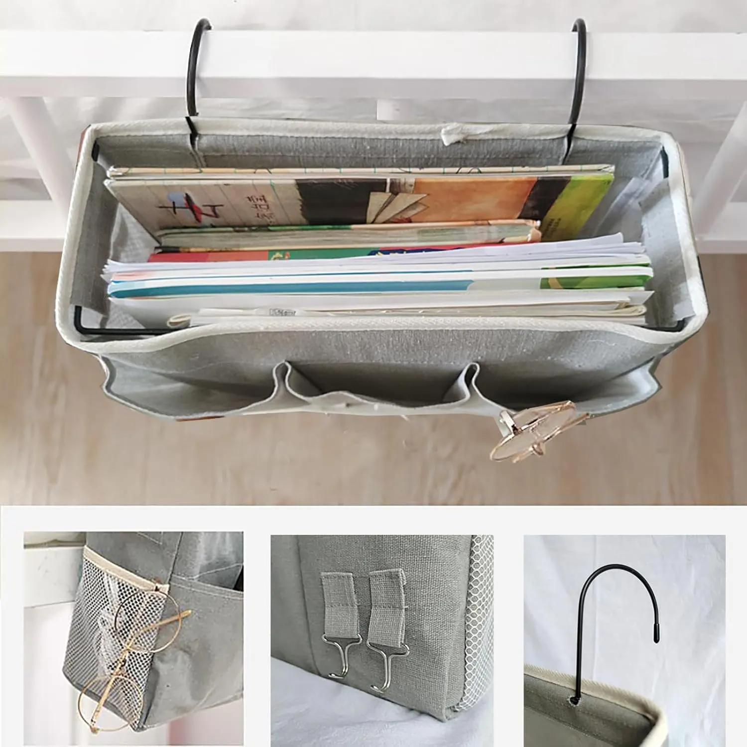 Bedside Caddy, Bedside Hanging Storage Organizer forBunk and Hospital Beds,College Dorm Bed，Can be Placed Glasses Books Mobile Phones (Grey 2)