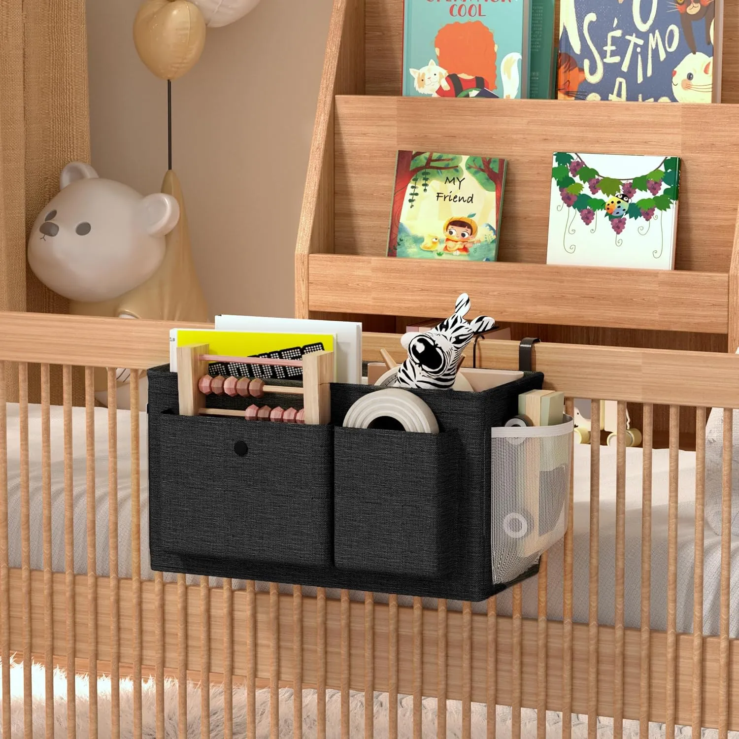 Bedside Caddy Bedside Organizer with Fixed Straps & Water Bottle Holder, Bunk Bed Caddy ideal for Home, Dorm, Hospital, Crib, Versatile Bedside Storage Solution (Black 2pcs)