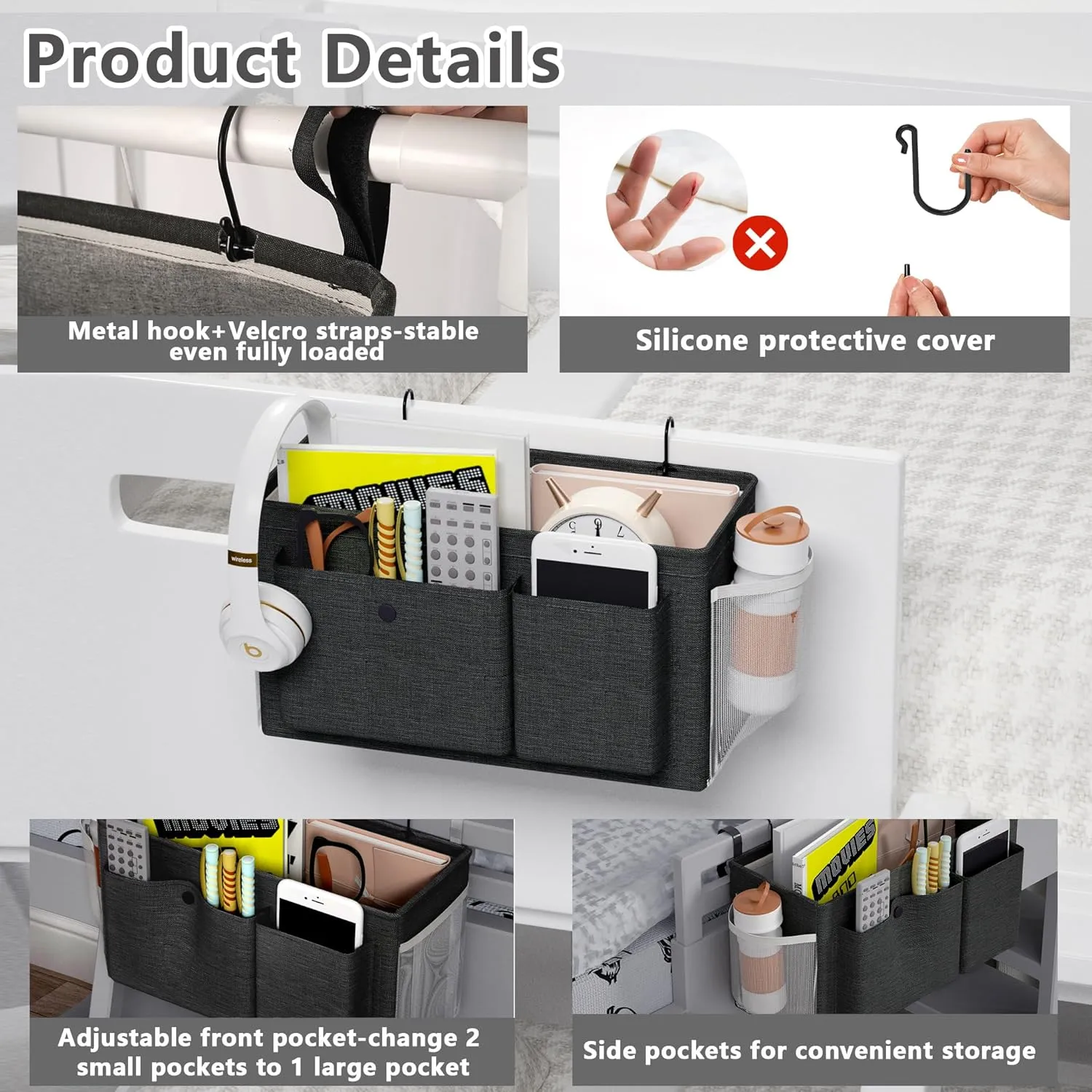 Bedside Caddy Bedside Organizer with Fixed Straps & Water Bottle Holder, Bunk Bed Caddy ideal for Home, Dorm, Hospital, Crib, Versatile Bedside Storage Solution (Black 2pcs)